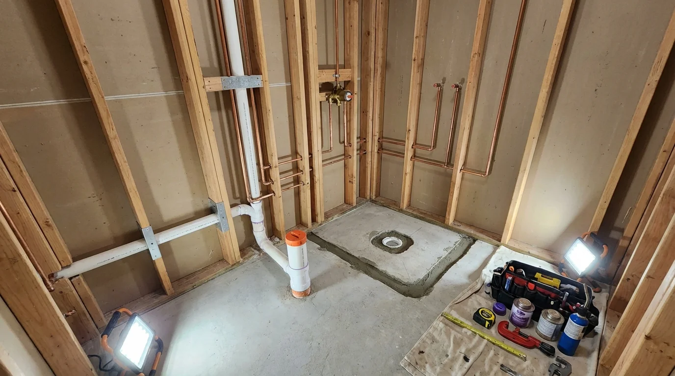 Bathroom rough-in plumbing during remodel by Johns Plumbing LLC in Mooresville