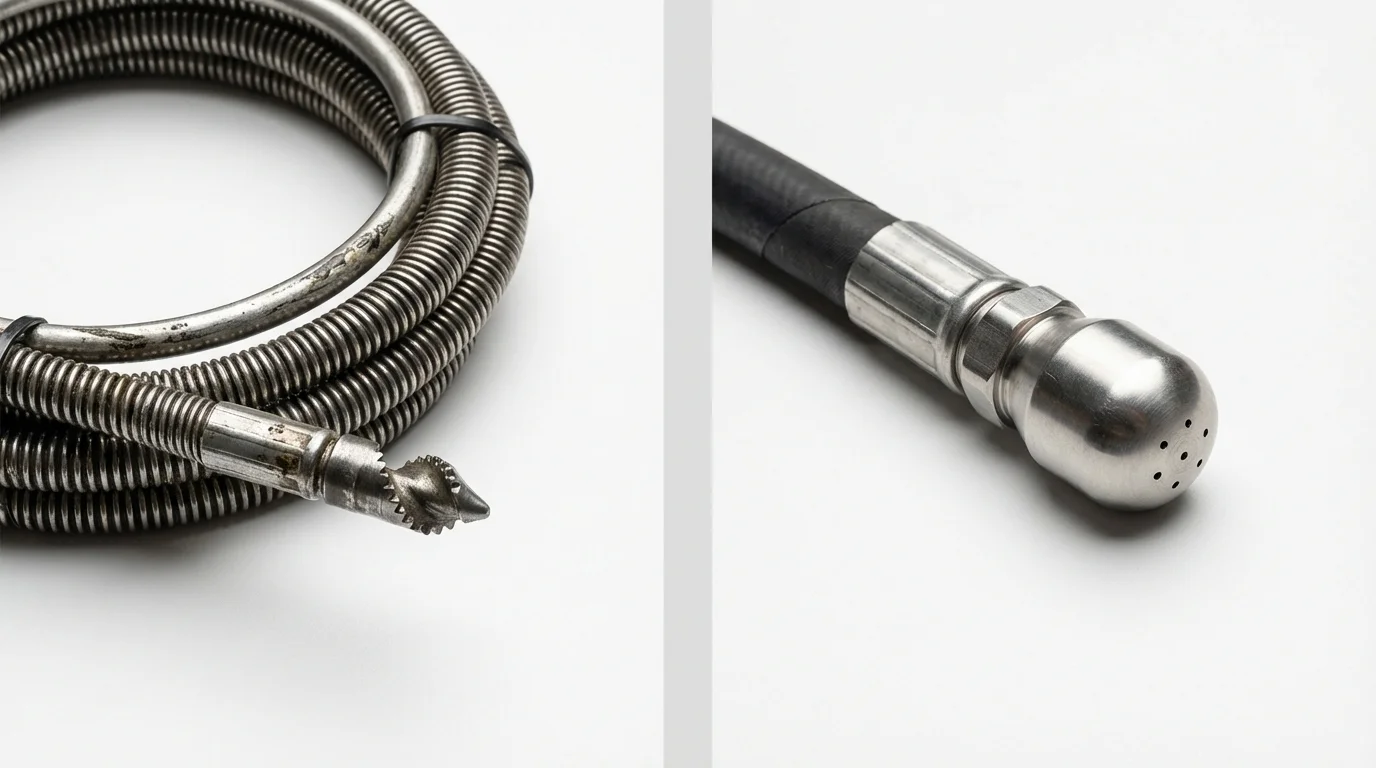 Drain snake cable and hydro jetting nozzle used for drain cleaning in Mooresville, NC