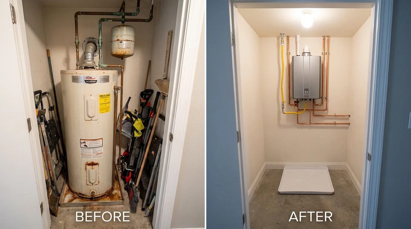 Tank water heater versus wall-mounted tankless unit comparison for Mooresville, NC homeowners