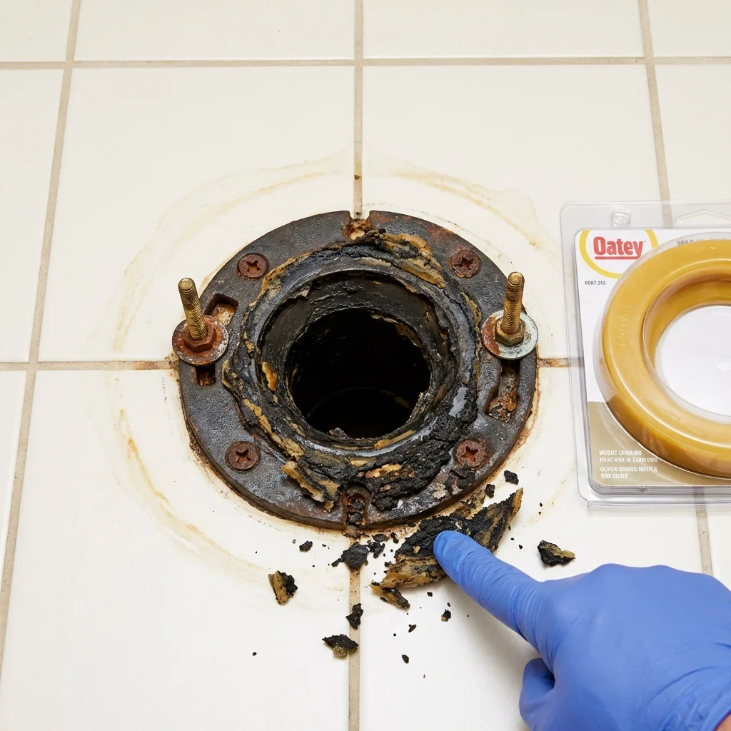 Failed wax ring showing water seepage at the base of a toilet in a Mooresville, NC home