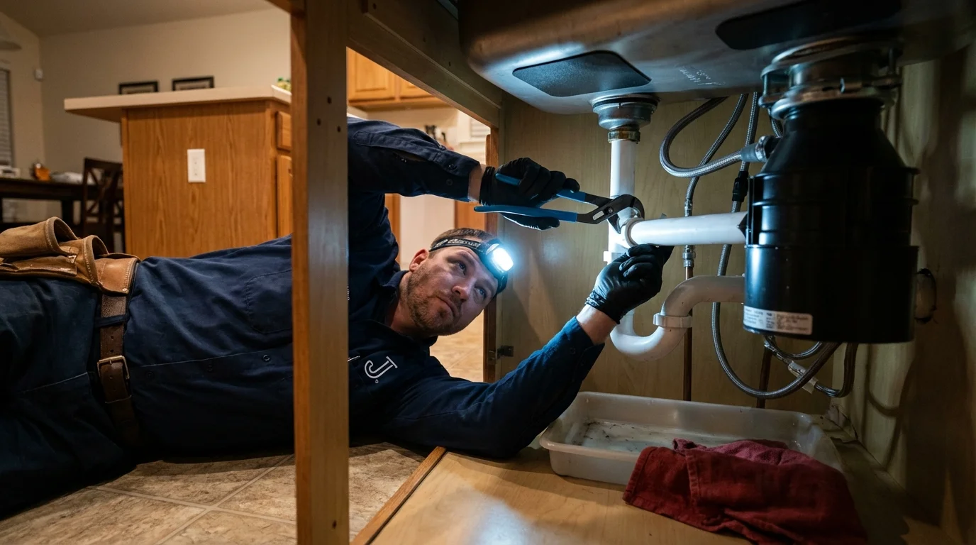 P-trap and supply line connections under a kitchen sink showing a common leak point in Mooresville, NC